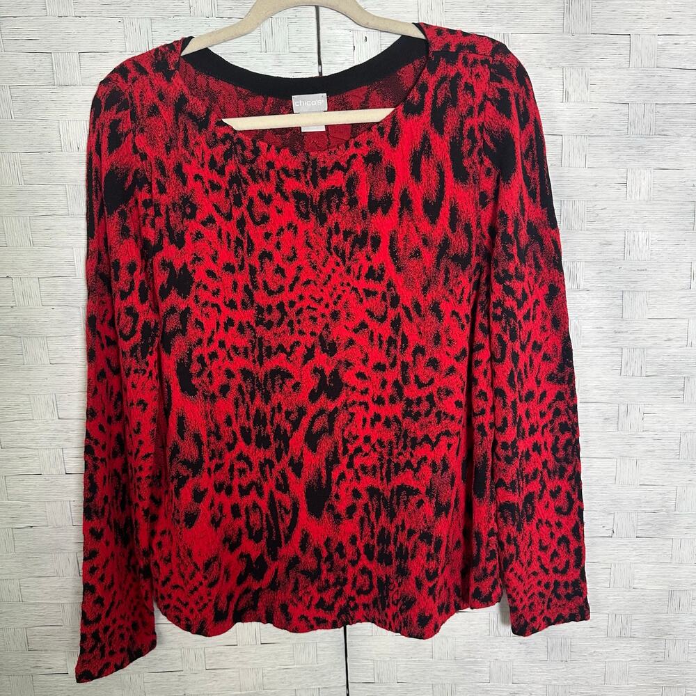 Chico's women's lightweight sweater blouse animal print red & black old money